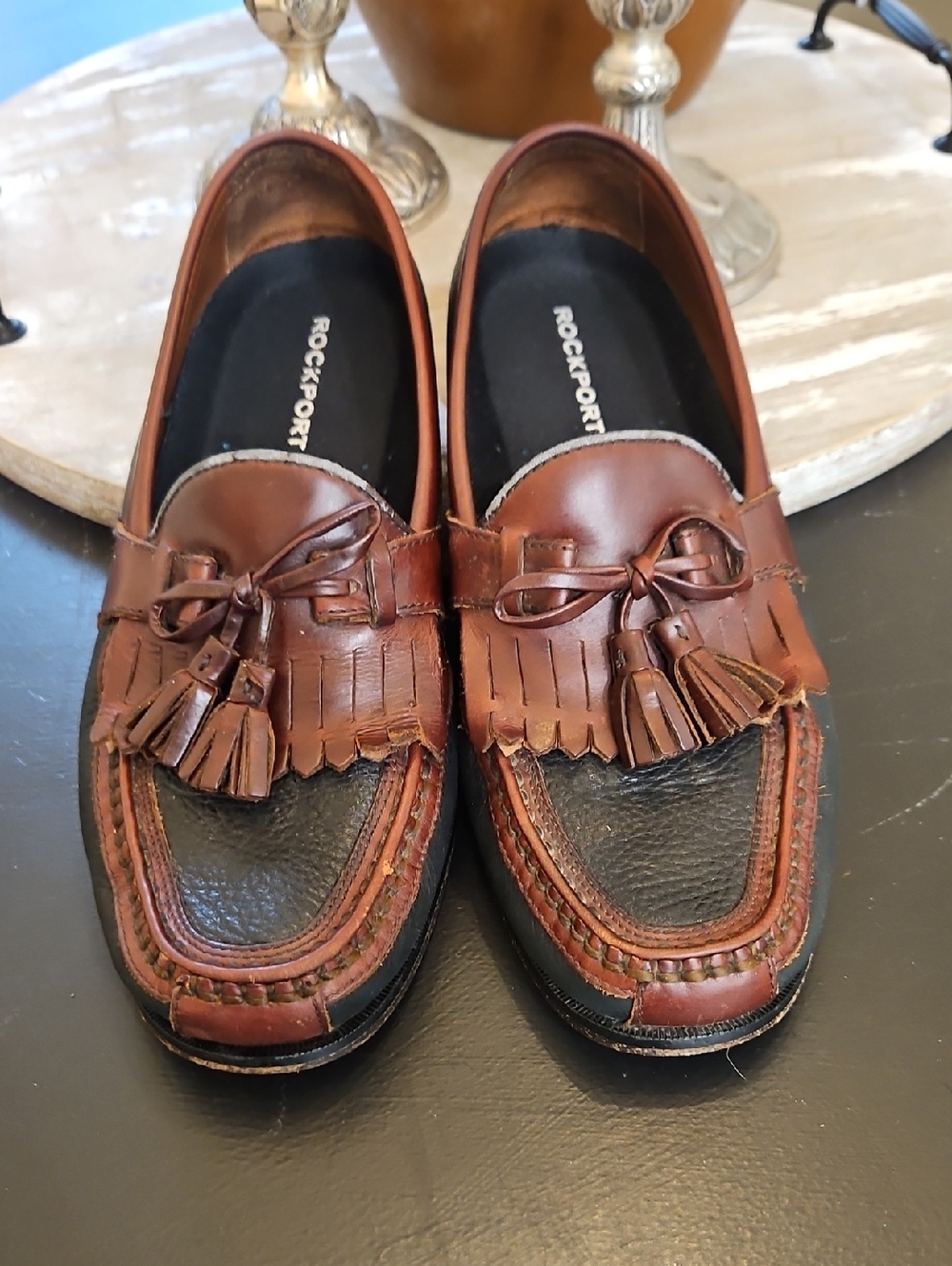 Rockport Men's Brown and Black Tassel Kiltie Loafers. Size 8.5"
